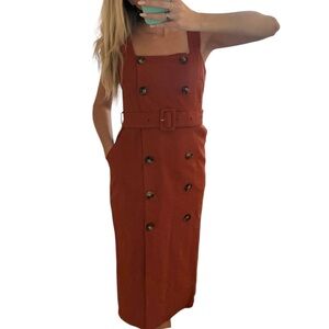 Lucy Paris Rust terracotta button front Belted Midi Dress Minimalist office XS
